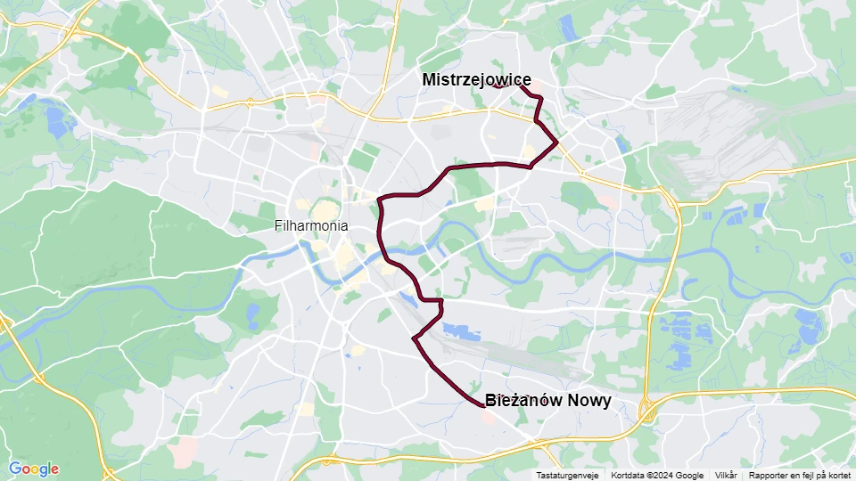 Kraków sporvognslinje 9: Bieżanów Nowy - Mistrzejowice linjekort