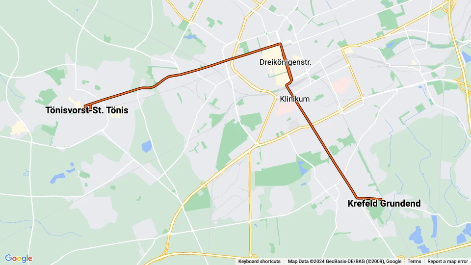 Krefeld sporvognslinje 041: Krefeld Grundend - Tönisvorst-St. Tönis linjekort