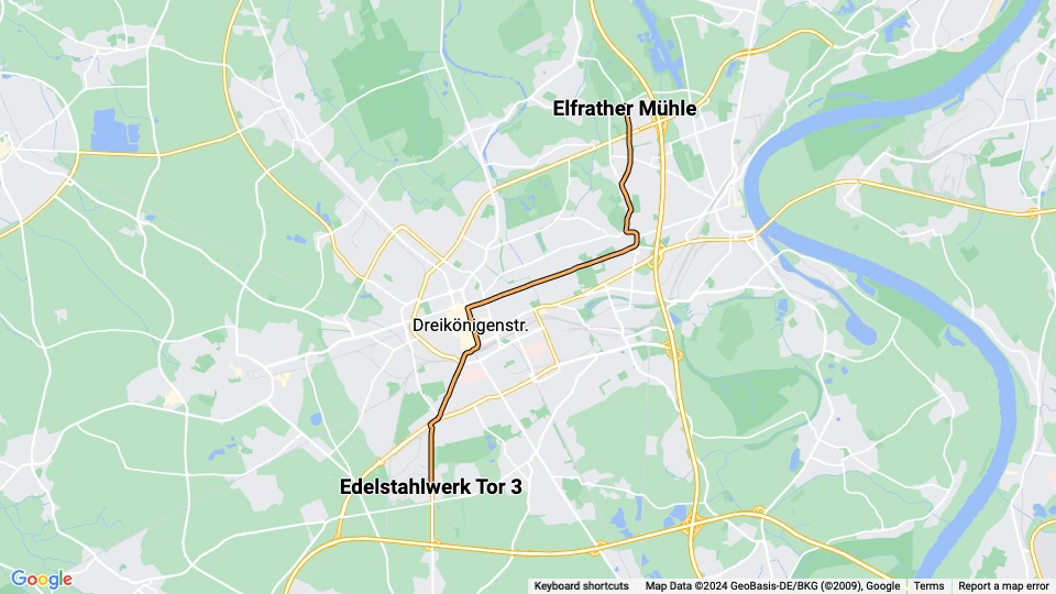Krefeld sporvognslinje 042: Elfrather Mühle - Edelstahlwerk Tor 3 linjekort