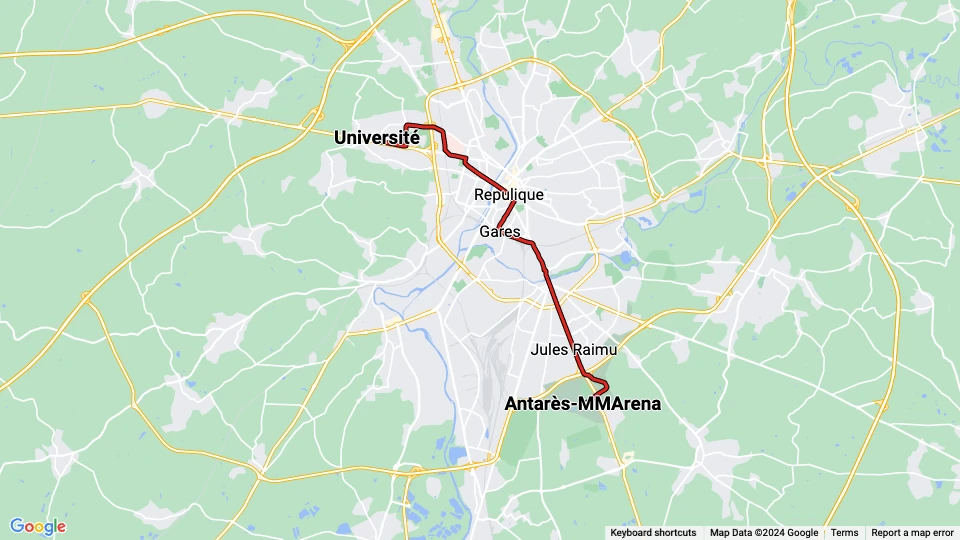 Le Mans sporvognslinje T1: Université - Antarès-MMArena linjekort