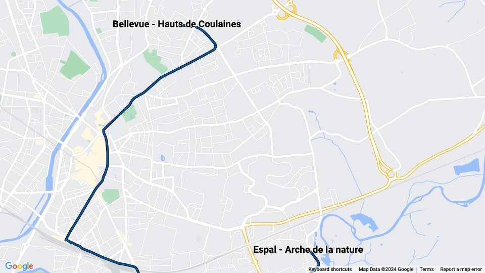 Le Mans sporvognslinje T2: Espal - Arche de la nature - Bellevue - Hauts de Coulaines linjekort