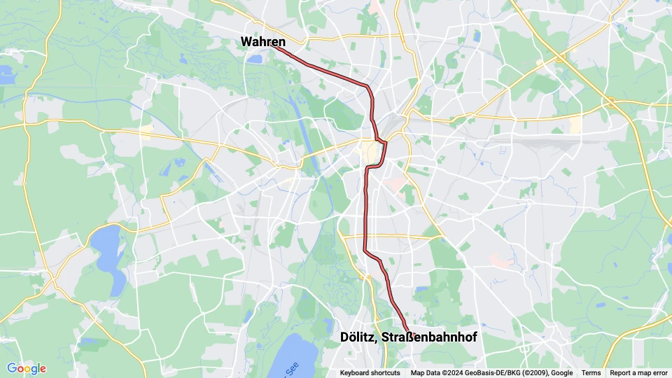 Leipzig ekstralinje 11E: Wahren - Dölitz, Straßenbahnhof linjekort