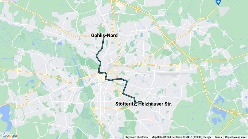 Leipzig ekstralinje 20: Gohlis-Nord - Stötteritz, Holzhäuser Str. linjekort