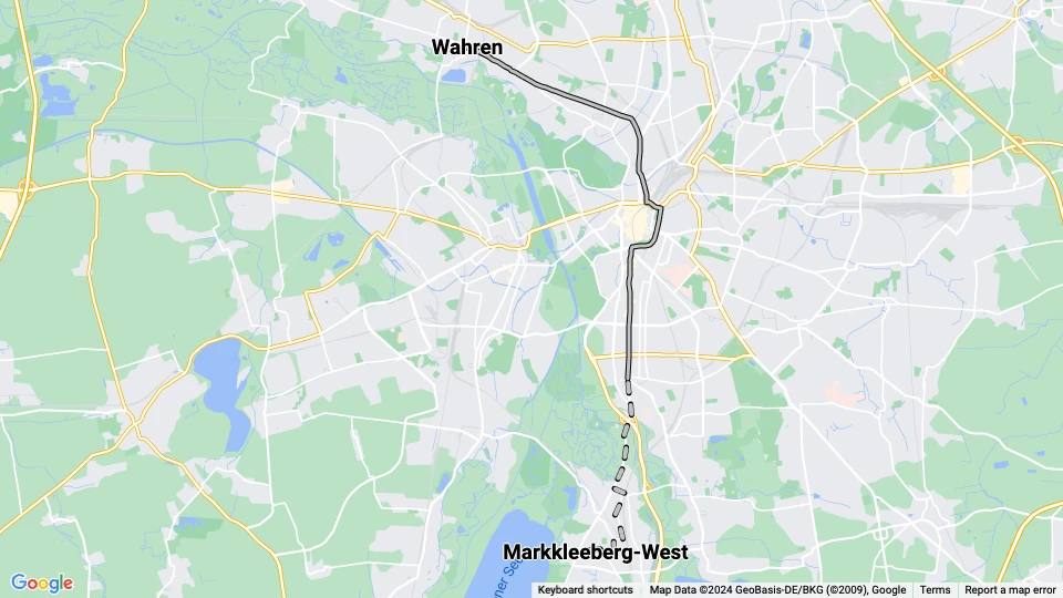 Leipzig ekstralinje 28: Markkleeberg-West - Wahren linjekort
