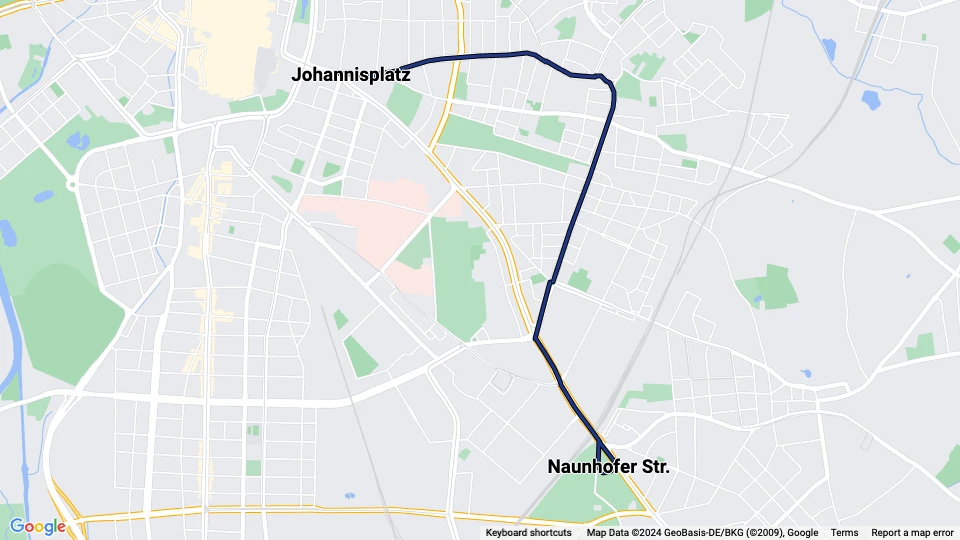 Leipzig ekstralinje 4E: Johannisplatz - Naunhofer Str. linjekort