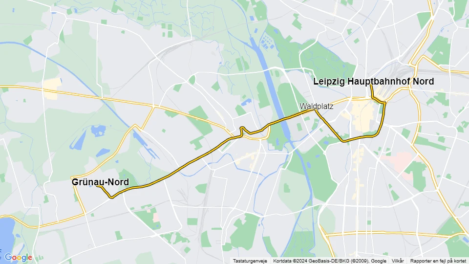 Leipzig ekstralinje 8: Grünau-Nord - Leipzig Hauptbahnhof Nord linjekort