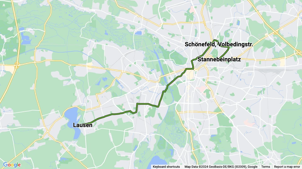 Leipzig sporvognslinje 1: Lausen - Stannebeinplatz linjekort
