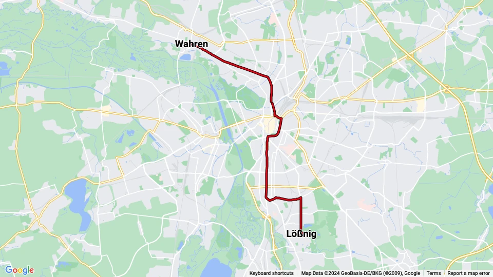 Leipzig sporvognslinje 10: Wahren - Lößnig linjekort