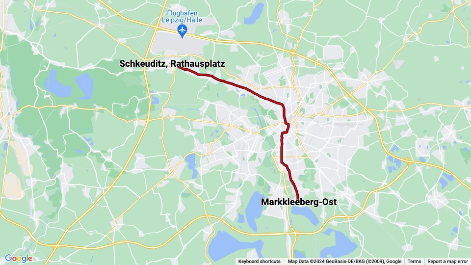 Leipzig sporvognslinje 11: Schkeuditz, Rathausplatz - Markkleeberg-Ost linjekort
