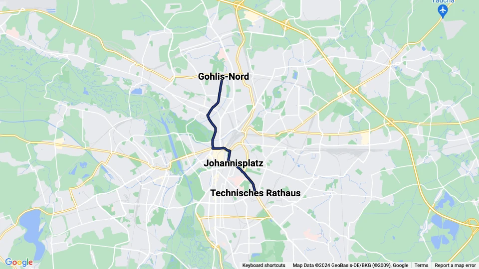 Leipzig sporvognslinje 12: Gohlis-Nord - Technisches Rathaus linjekort