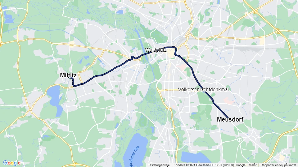 Leipzig sporvognslinje 15: Meusdorf - Miltitz linjekort