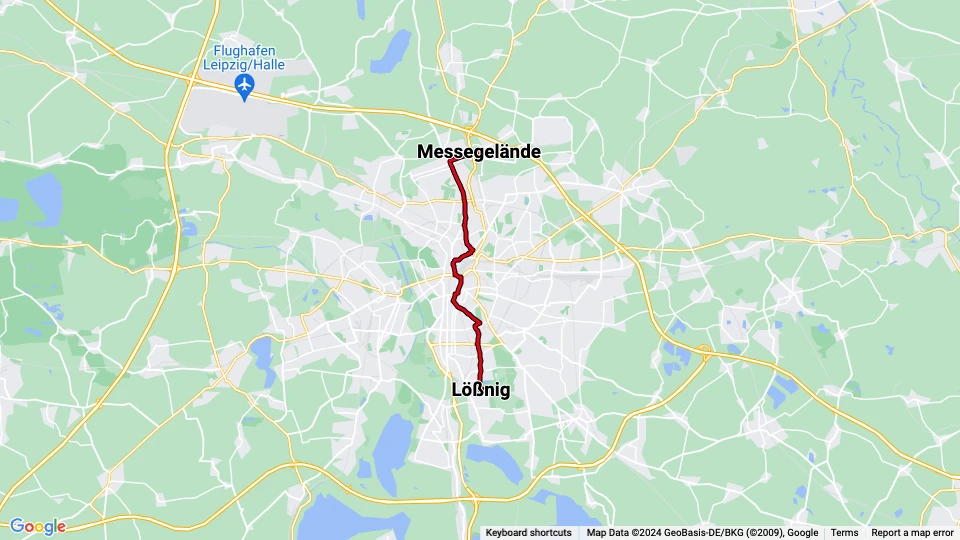 Leipzig sporvognslinje 16: Lößnig - Messegelände linjekort