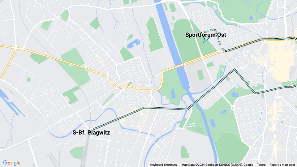 Leipzig sporvognslinje 34: S-Bf. Plagwitz - Sportforum Ost linjekort