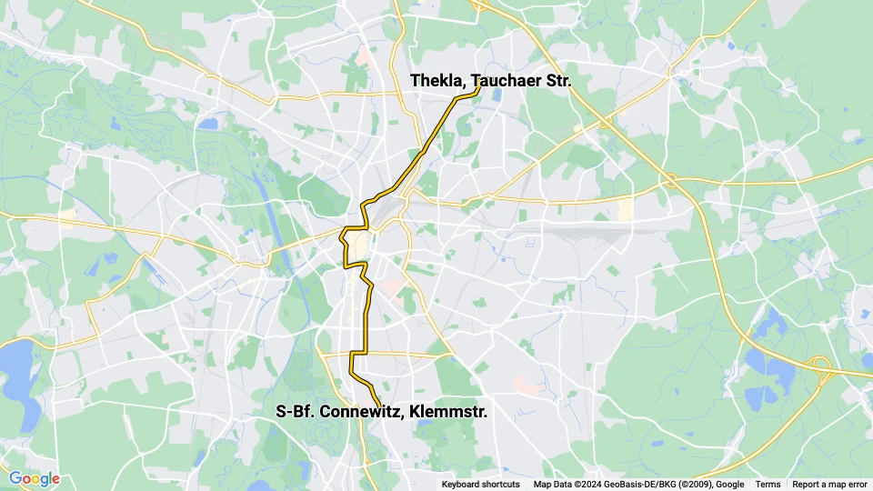 Leipzig sporvognslinje 9: Thekla, Tauchaer Str. - S-Bf. Connewitz, Klemmstr. linjekort