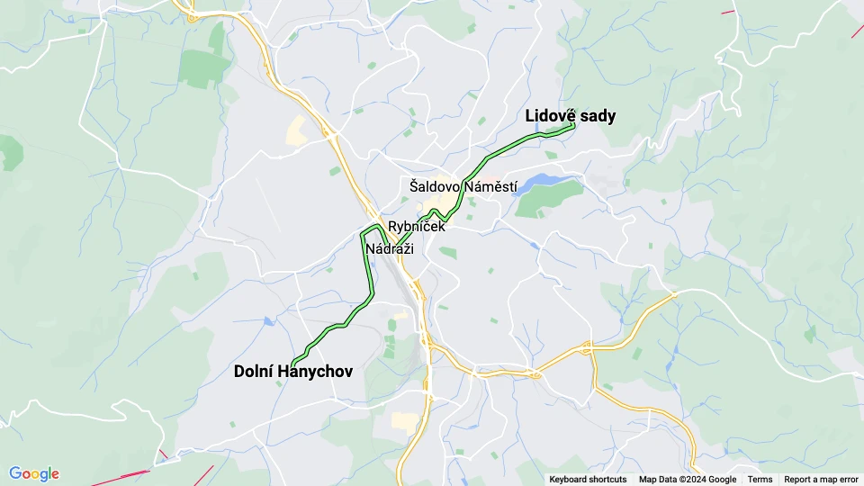 Liberec ekstralinje 2: Lidové sady - Dolní Hanychov linjekort