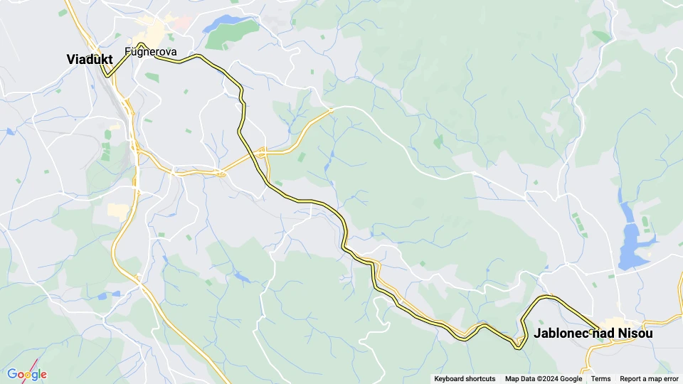 Liberec regionallinje 11: Viadukt - Jablonec nad Nisou linjekort