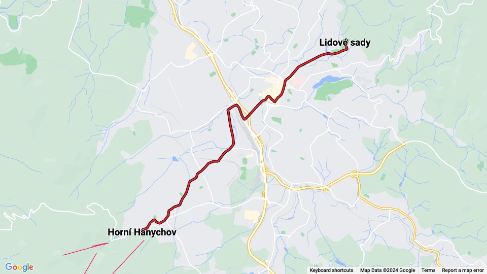 Liberec sporvognslinje 3: Lidové sady - Horní Hanychov linjekort