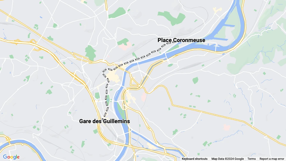Liège sporvognslinje 1: Gare des Guillemins - Place Coronmeuse linjekort