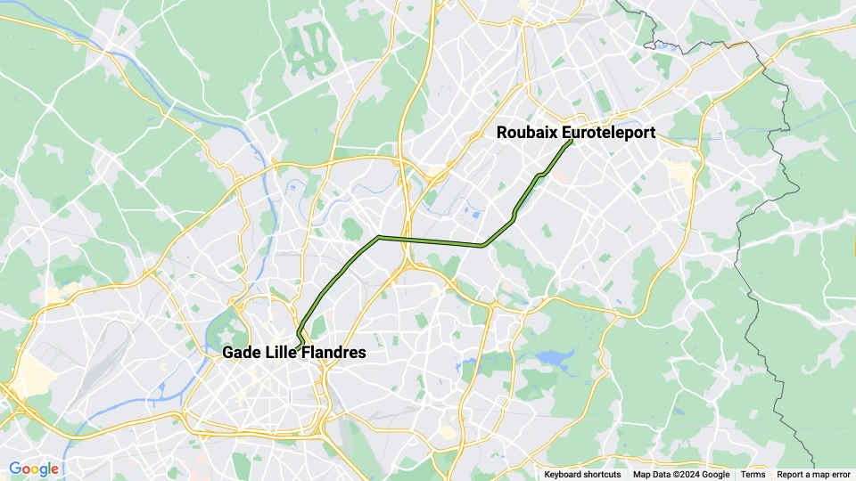 Lille sporvognslinje R: Gade Lille Flandres - Roubaix Euroteleport linjekort