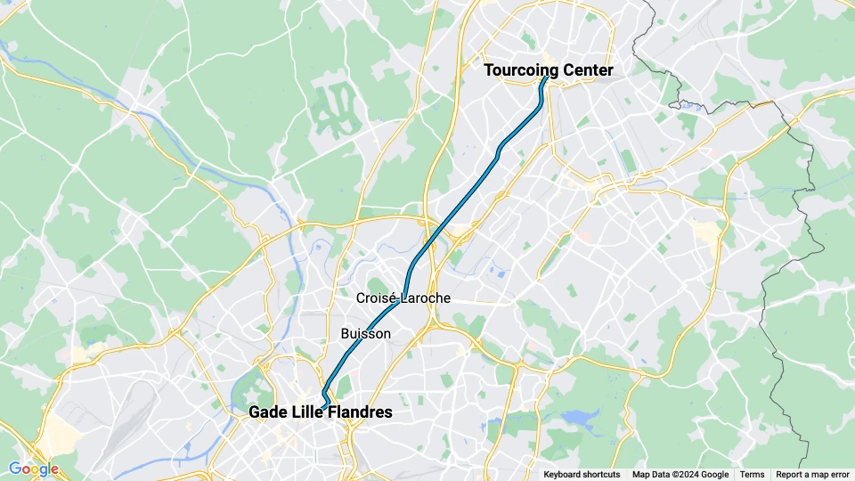 Lille sporvognslinje T: Gade Lille Flandres - Tourcoing Center linjekort