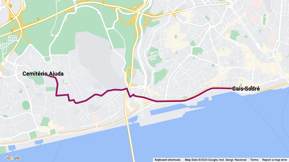 Lissabon ekstralinje 18E: Cais Sodré - Cemitério Ajuda linjekort