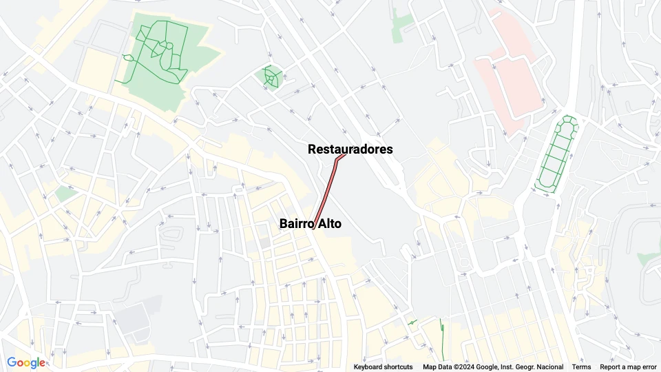 Lissabon kabelbane Elevador da Glória: Bairro Alto - Restauradores linjekort