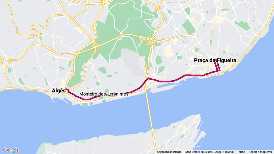 Lissabon sporvognslinje 15E: Praça da Figueira - Algés linjekort