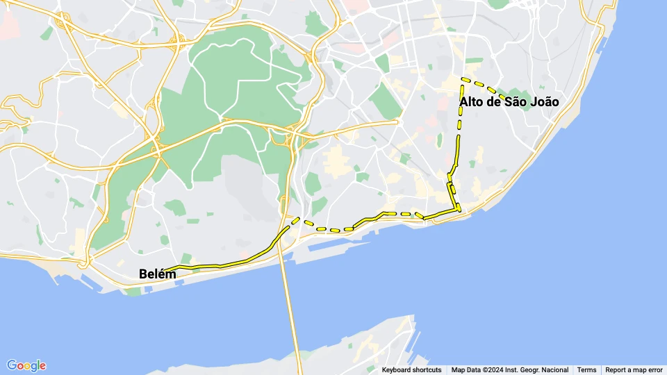 Lissabon sporvognslinje 17: Alto de São João - Belém linjekort