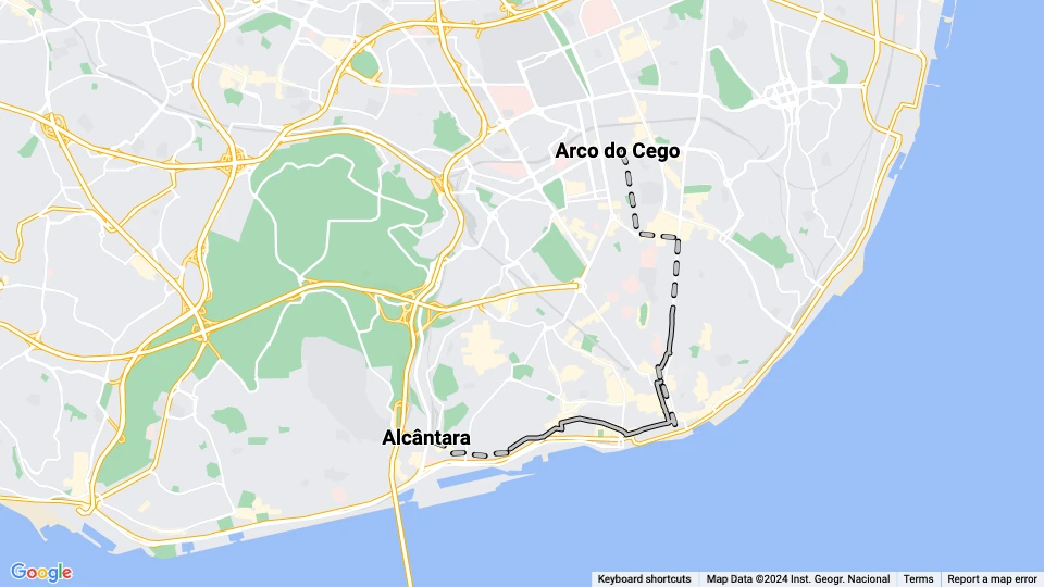 Lissabon sporvognslinje 19: Arco do Cego - Alcântara linjekort
