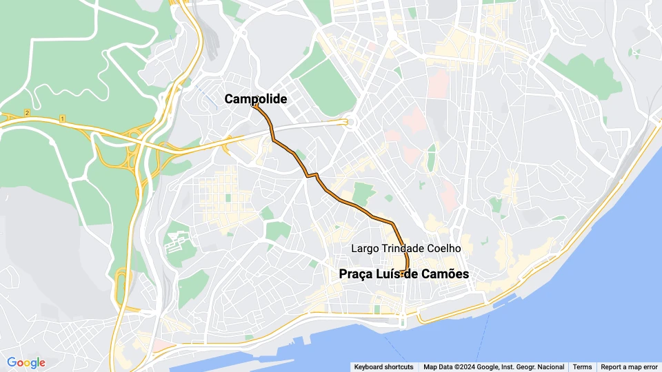 Lissabon sporvognslinje 24E: Praça Luís de Camões - Campolide linjekort