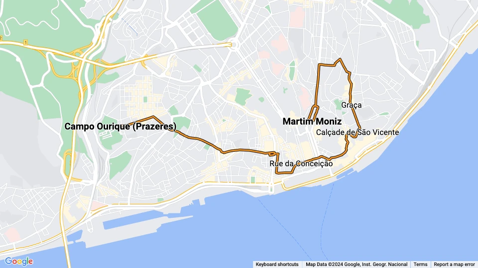 Lissabon sporvognslinje 28E: Campo Ourique (Prazeres) - Martim Moniz linjekort