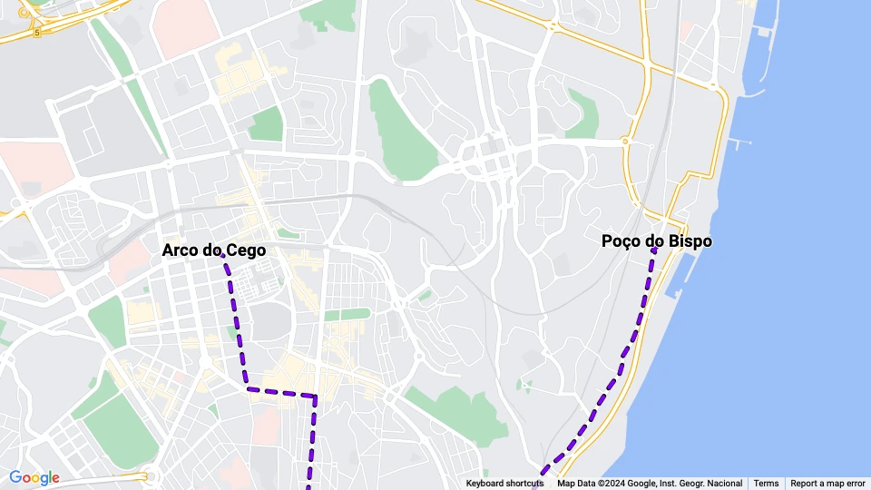 Lissabon sporvognslinje 3: Arco do Cego - Poço do Bispo linjekort