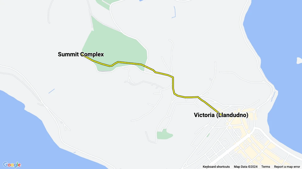 Llandudno kabelbane Great Orme Tramway: Summit Complex - Victoria (Llandudno) linjekort