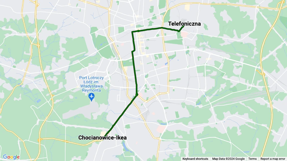 Łódź ekstralinje 15A: Chocianowice-Ikea - Telefoniczna linjekort