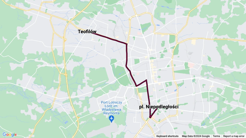 Łódź ekstralinje 16: Teofilów - pl. Niepodległości linjekort
