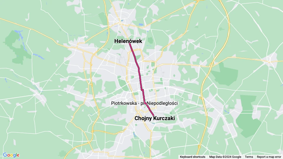 Łódź ekstralinje 16A: Chojny Kurczaki - Helenówek linjekort