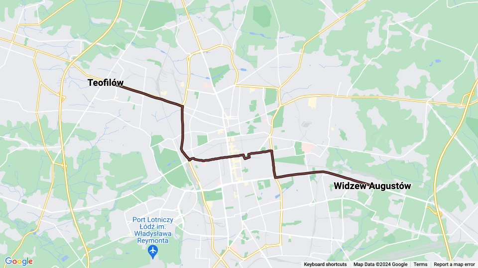 Łódź sporvognslinje 13: Widzew Augustów - Teofilów linjekort