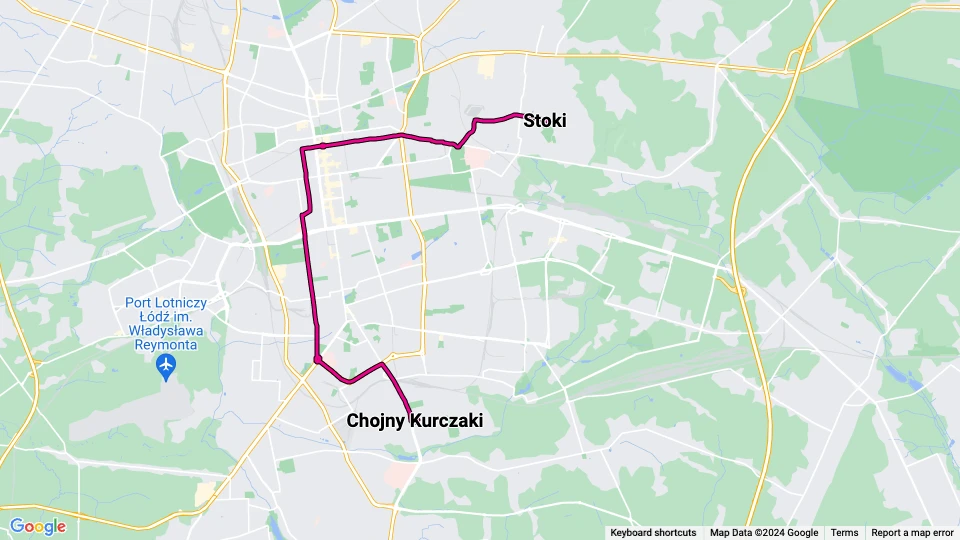 Łódź sporvognslinje 15: Chojny Kurczaki - Stoki linjekort