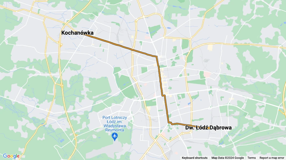 Łódź sporvognslinje 2: Dw. Łódź Dąbrowa - Kochanówka linjekort