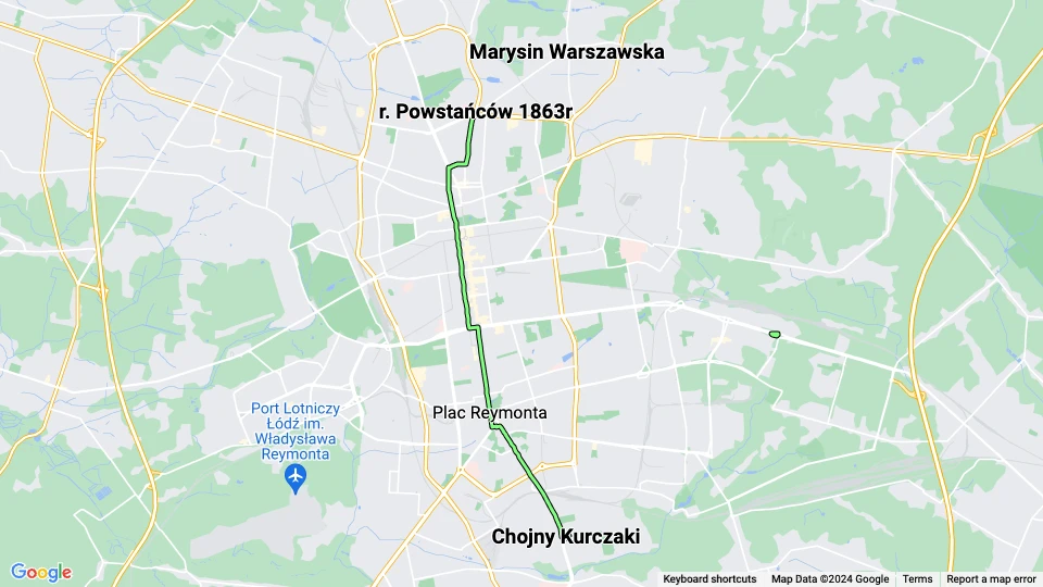 Łódź sporvognslinje 3: Chojny Kurczaki - r. Powstańców 1863r linjekort