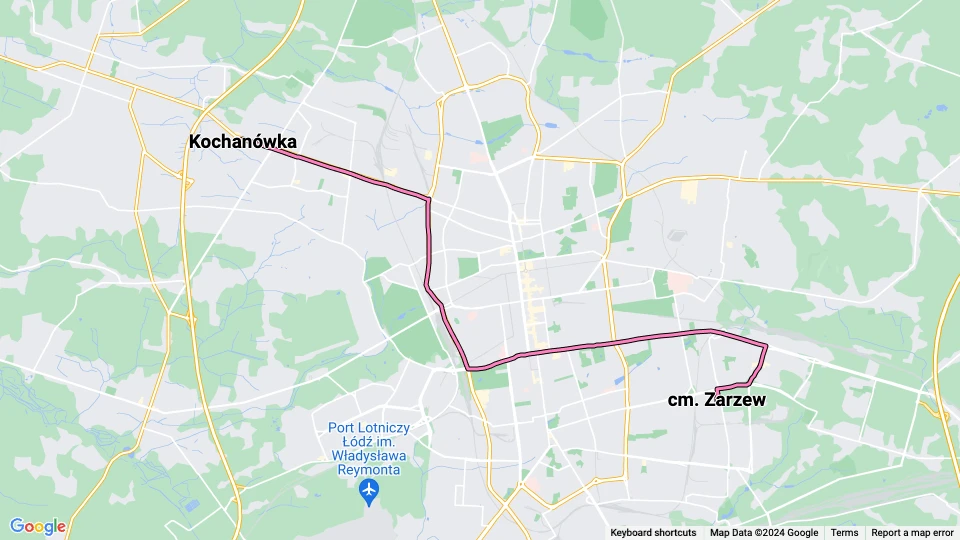 Łódź sporvognslinje 8: Kochanówka - cm. Zarzew linjekort