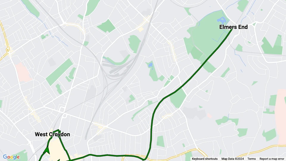 London sporvognslinje 1: Elmers End - West Croydon linjekort