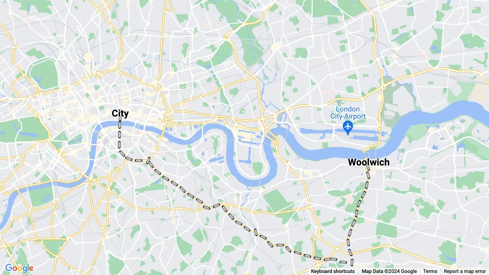 London sporvognslinje 46: City - Woolwich linjekort