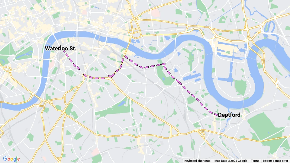London sporvognslinje 68: Waterloo St. - Deptford linjekort