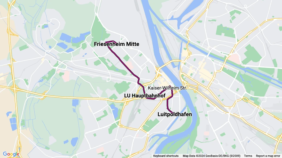 Ludwigshafen am Rhein sporvognslinje 10: Friesenheim Mitte - Luitpoldhafen linjekort