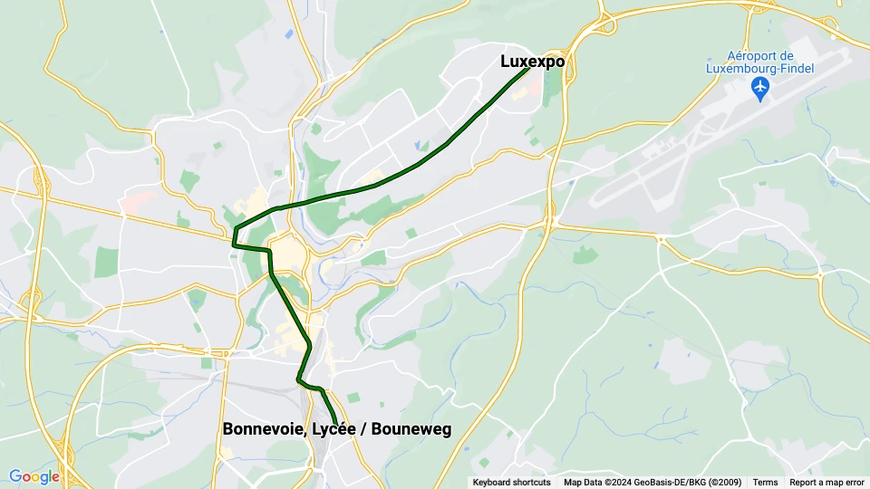 Luxembourg Luxtram: Luxexpo - Bonnevoie, Lycée / Bouneweg linjekort
