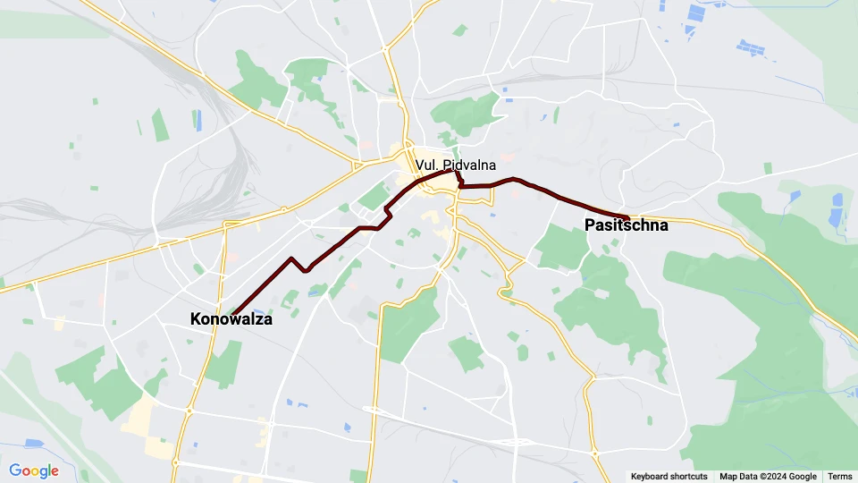 Lviv sporvognslinje 2: Konowalza - Pasitschna linjekort