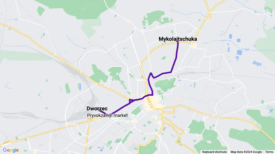 Lviv sporvognslinje 6: Dworzec - Mykolajtschuka linjekort