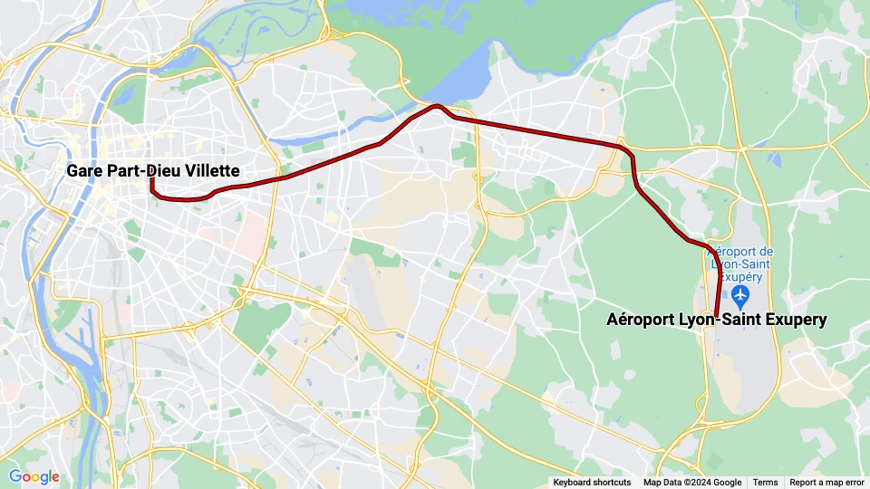 Lyon Rhônexpress: Gare Part-Dieu Villette - Aéroport Lyon-Saint Exupery linjekort