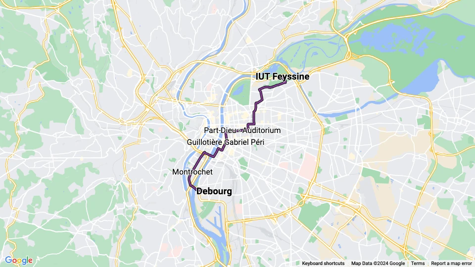 Lyon sporvognslinje T1: Debourg - IUT Feyssine linjekort